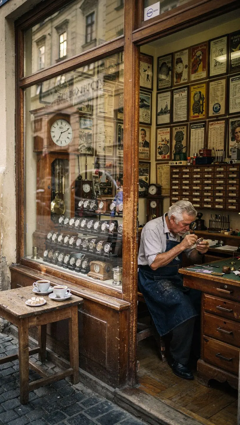 Skilled watchmaker repairing a mechanical watch movement