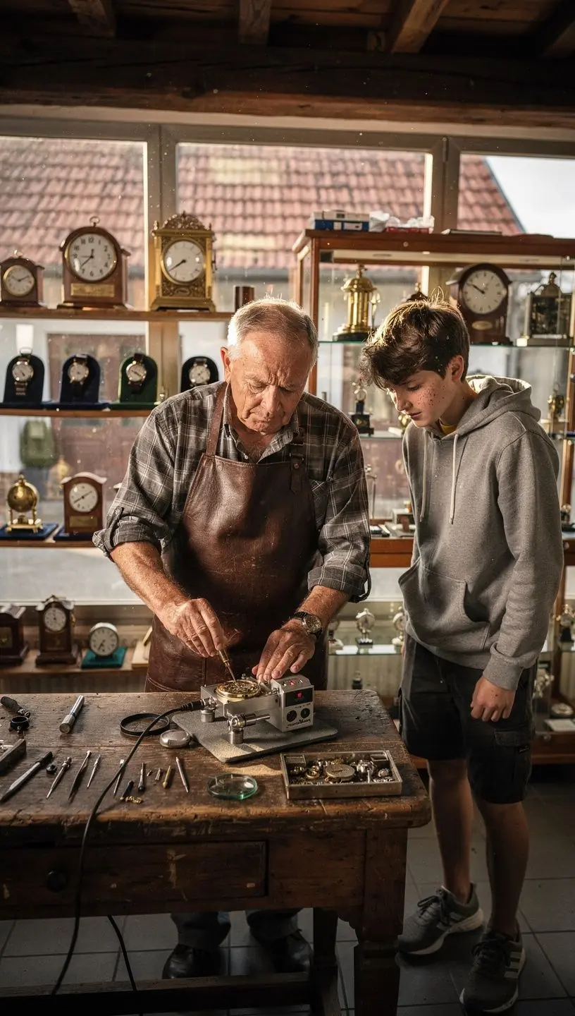 Expert inspecting authentic vintage watches in repair studio