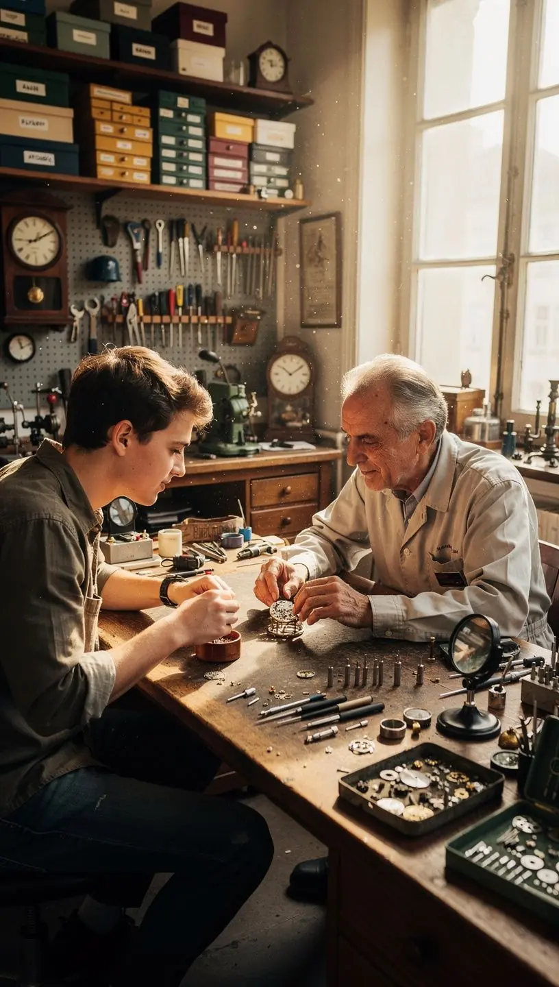 Watchmaker inspecting gears for restoration process.